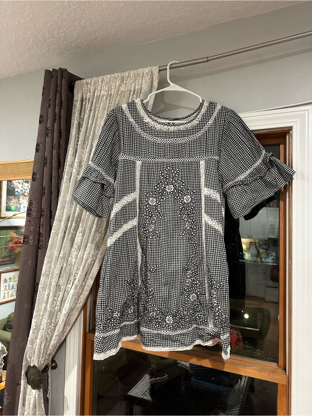 Free People Black and White Embroidered Gingham Mini Dress